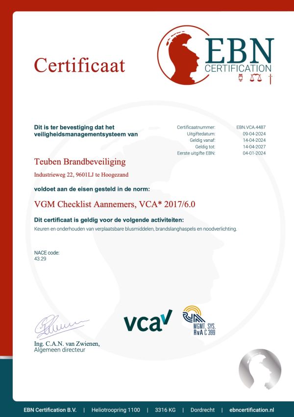VCA Veiligheidsmanagementsysteem Teuben Brandbeveiliging Hoogezans - Sappemeer (Midden - Groningen)
